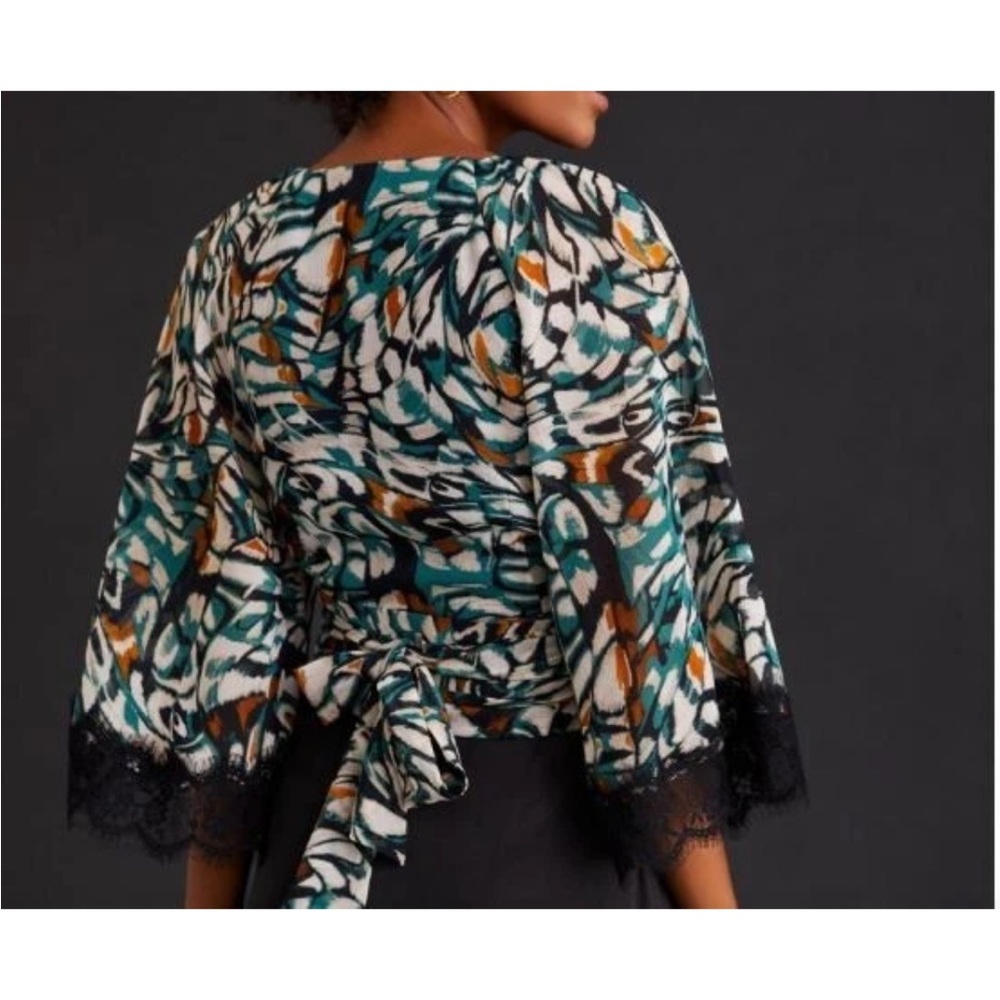 Anthropologie Green, Brown and Black Flutter Sleeve Wrap Top - Size S - Picture 2 of 8